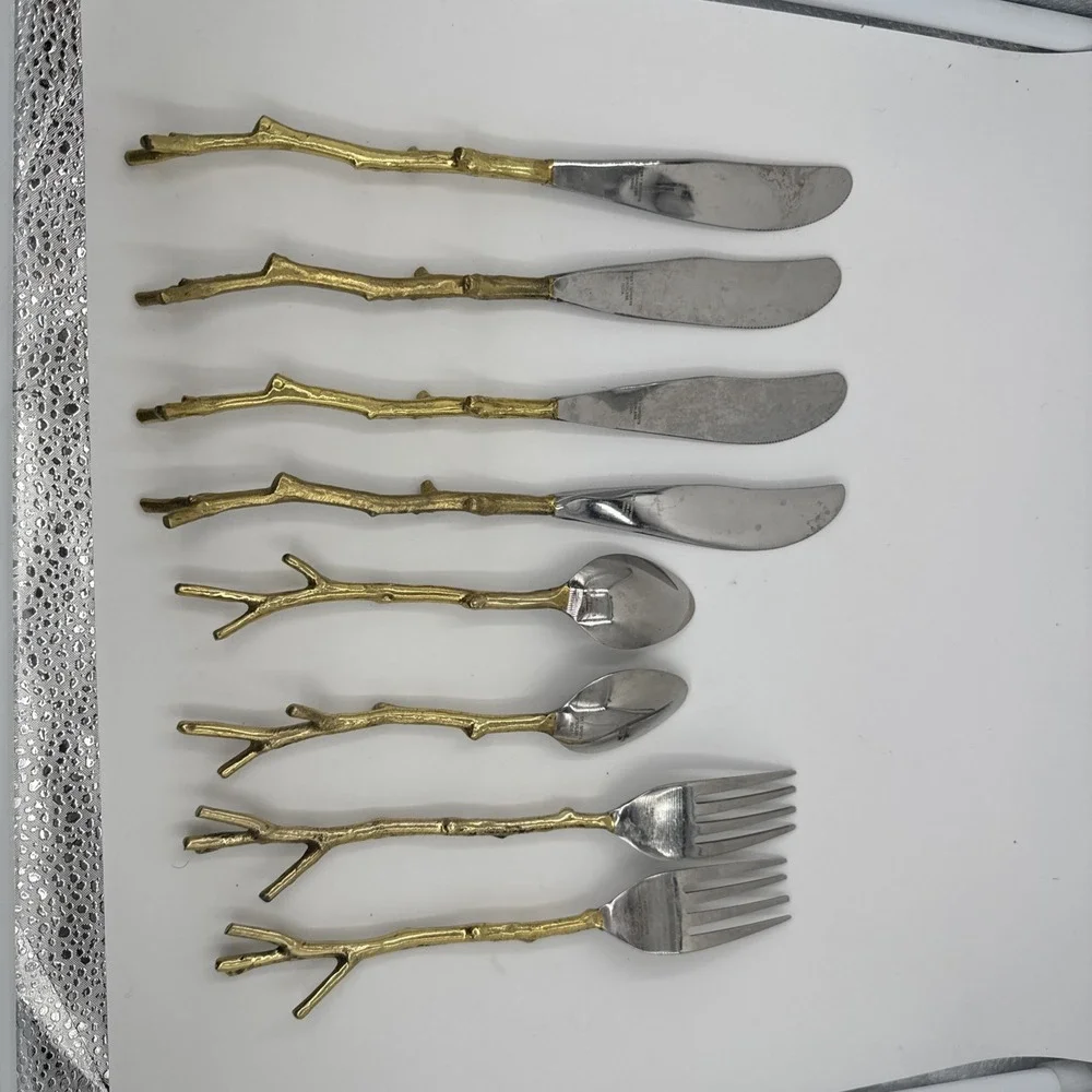 Pier 1 Imports flatware‎ branch/twig-style gold handles stainless steel .